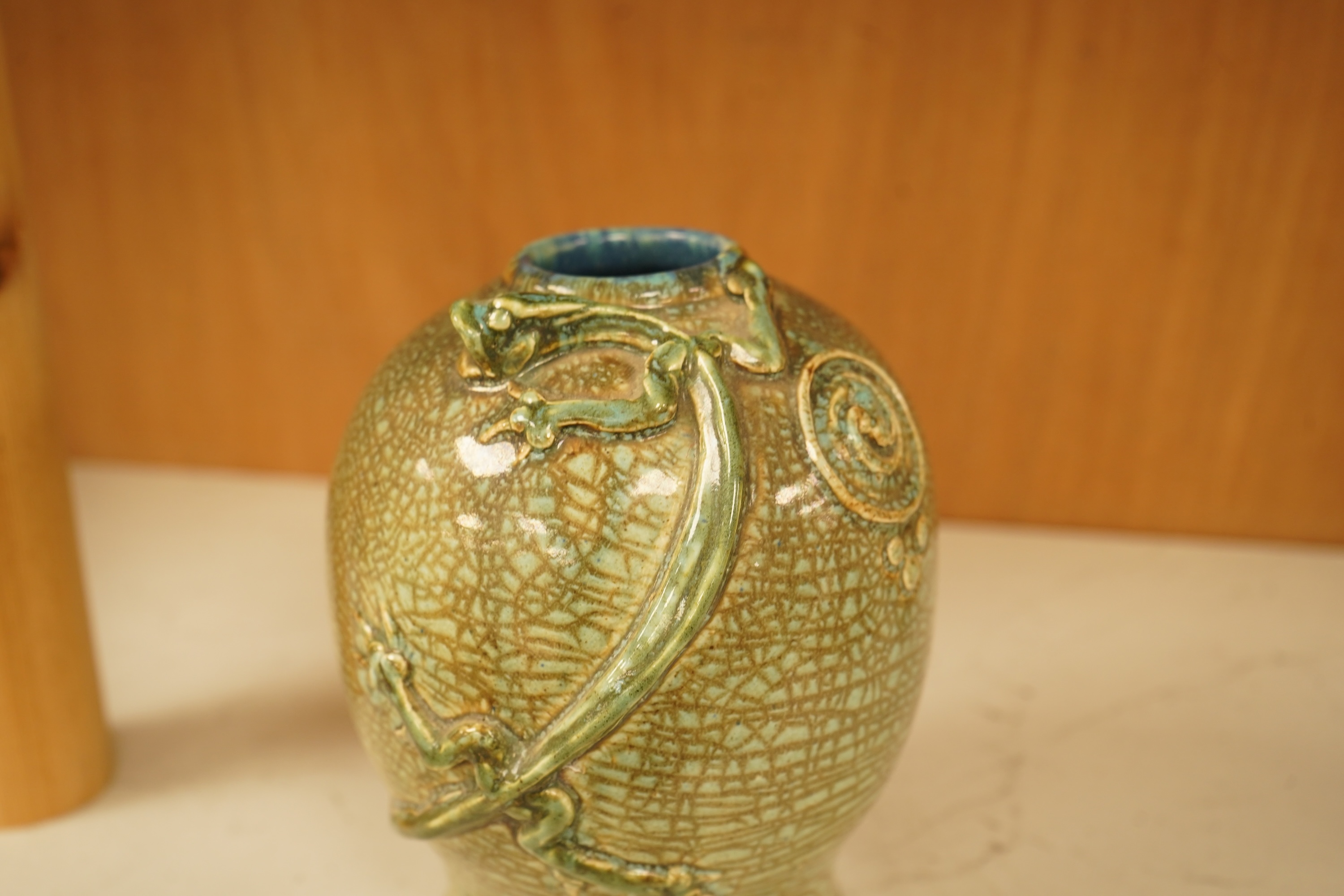 A Mortlake ‘dragon’ vase, monogrammed and dated 1912, 15cm